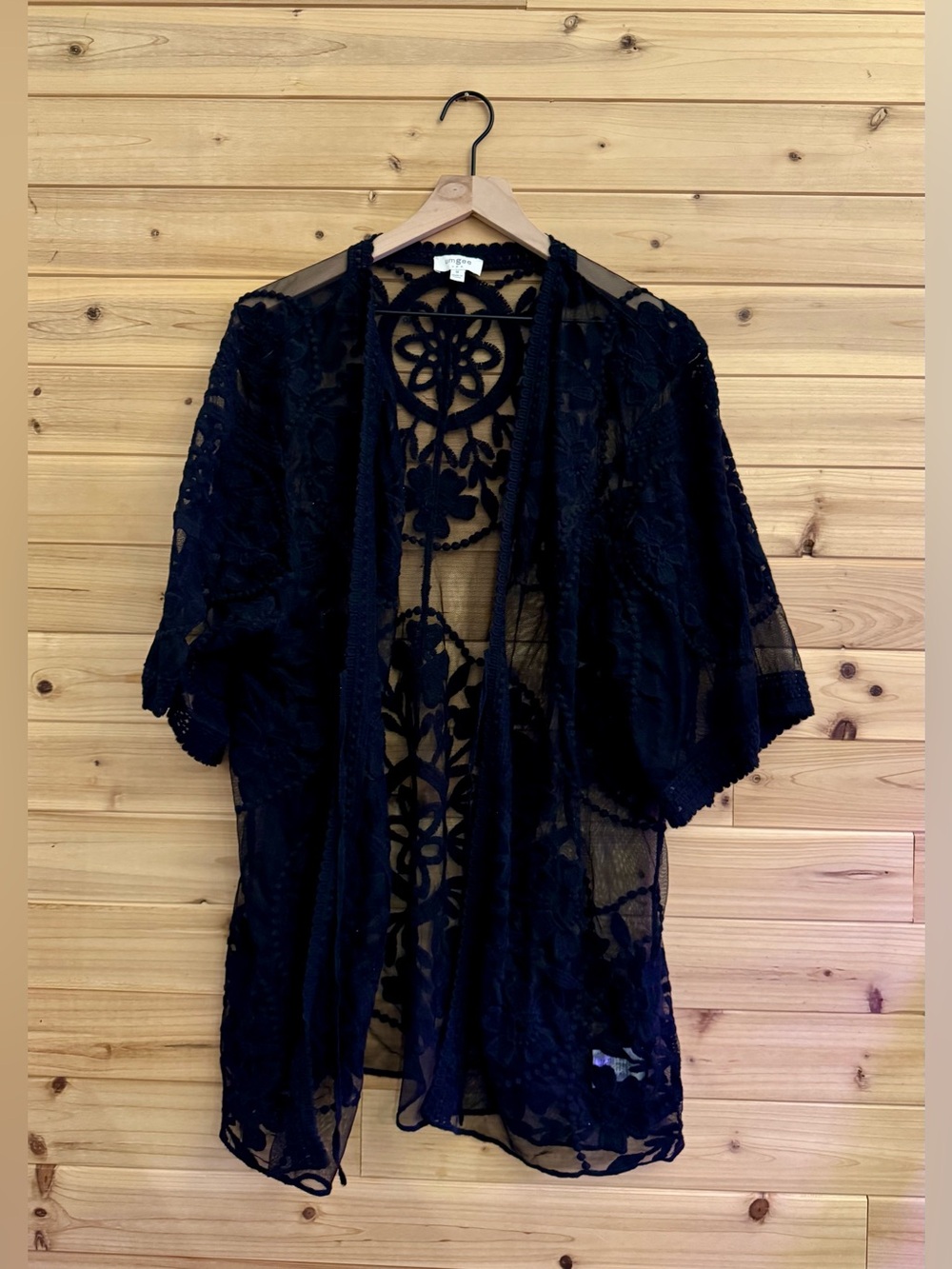 Umgee Medium Black Lace Elbow Sleeve Cover Up Kimono Ruana Flowy Boho Summer